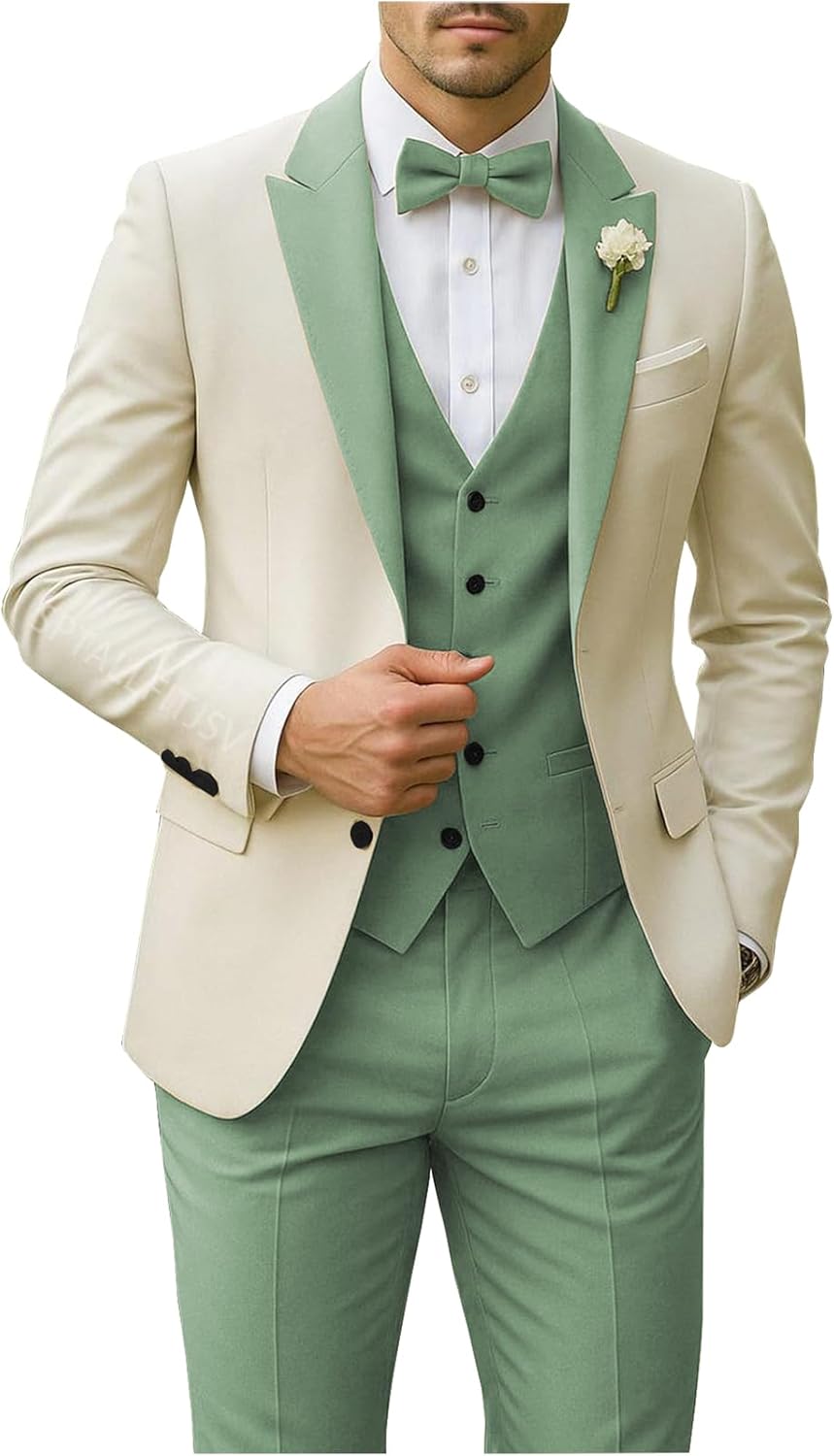 Suit for Men 3 Piece Wedding Party Suits Slim Fit Modern Stylish Color Contrast Tuxedo Set Blazer Vest Pants