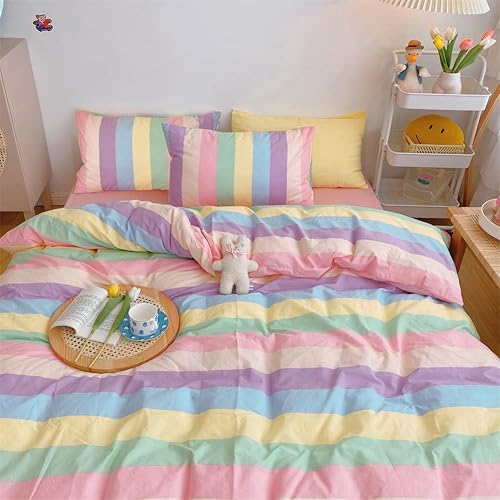 Miniatura 7 de Koudi Juego de funda de edredón de rayas arco iris, juego de ropa de cama reversible de microfibra colorida con lazos de cremallera para niñas