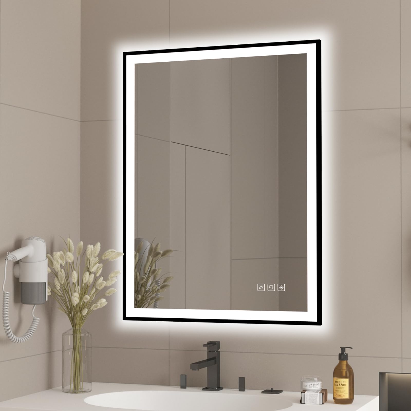 furduzz 600x800mm Bathroom Mirror with LED Lights, LED Bathroom Mirror with Black Frame, Wall Mounted Bathroom Vanity Mirror with Backlit Lights, Dimmable, Anti-Fog, Shatter-Proof, Memory, 3 Colors