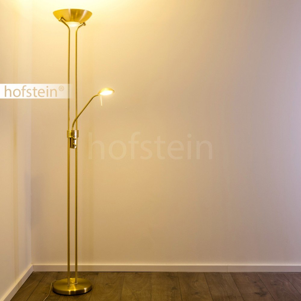 LED Stehlampe Rom aus Metall in Messing, dimmbare Stehleuchte Drehdimmer am Gehäuse, 1 x 18 Watt, 1600 Lumen u. 1 x 5 Watt, 480 Lumen, 3000 Kelvin (warmweiß), Deckenfluter mit verstellbarem Lesearm