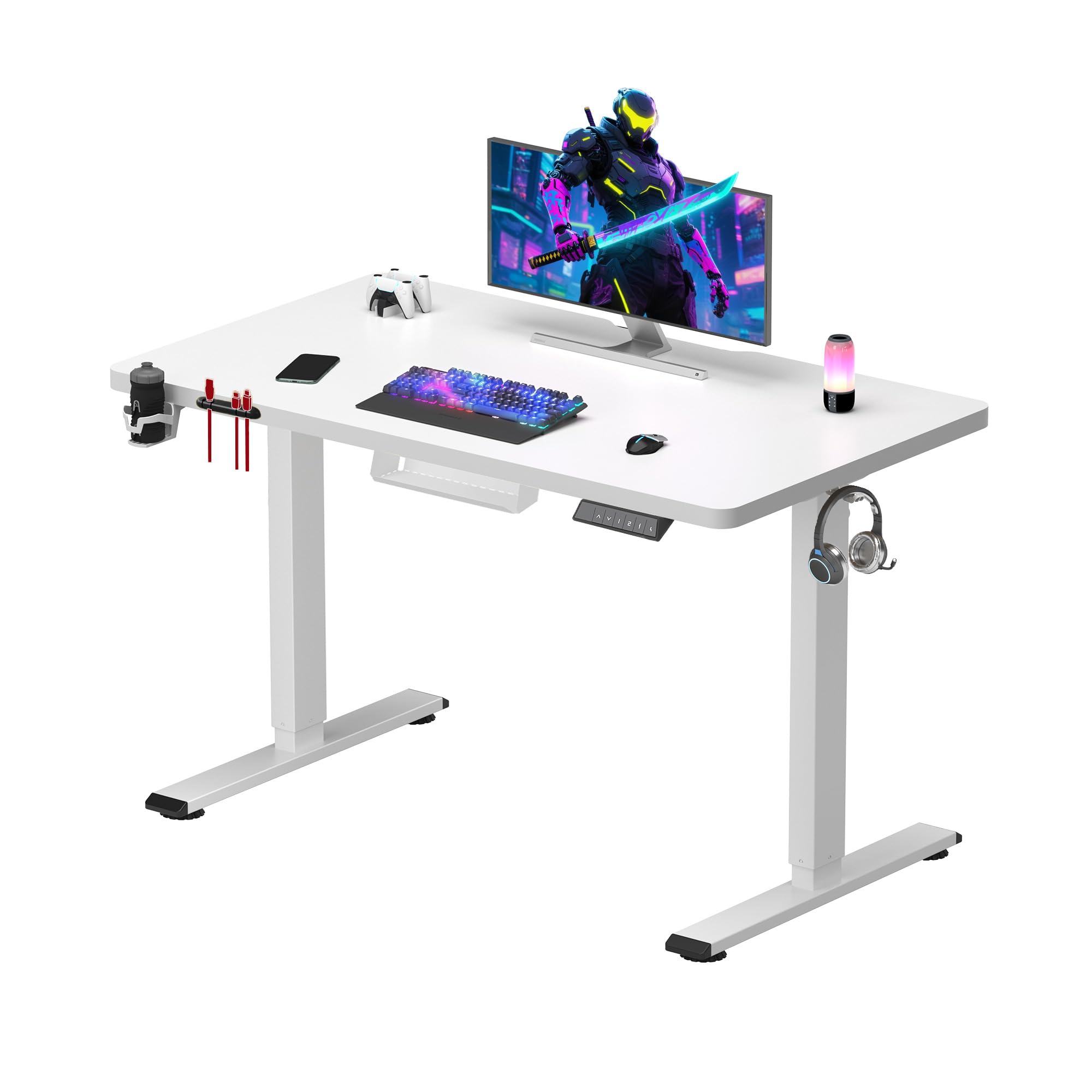 SANODESK QS1 - Scrivania seduta in piedi elettrica, 110 x 54 cm, con vassoio completo, scrivania da gioco, scrivania regolabile in altezza, con sistema anti-collaudo, funzione memoria 4 altezze