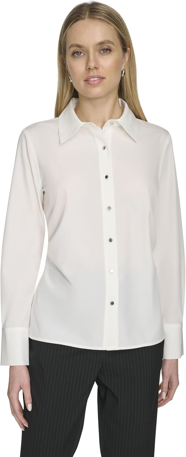 Calvin Klein Womens Collared Long Sleeve Button Down Top