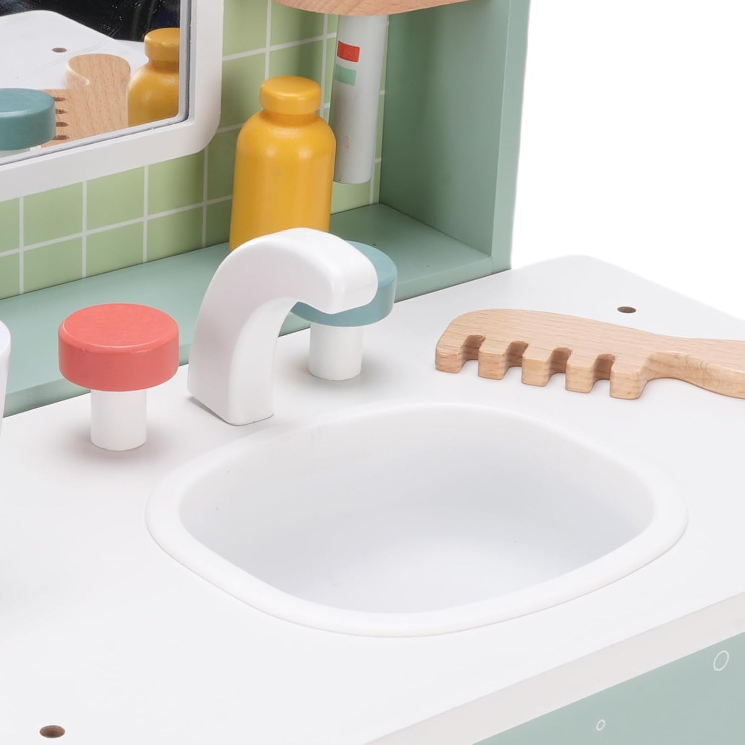 Zunate Wooden Vanity Makeup Set for Kids, Educational Pretend Bathroom Sink Toy with Comb and Hair Dryer for Girls Beechwood for Imaginative Playtime