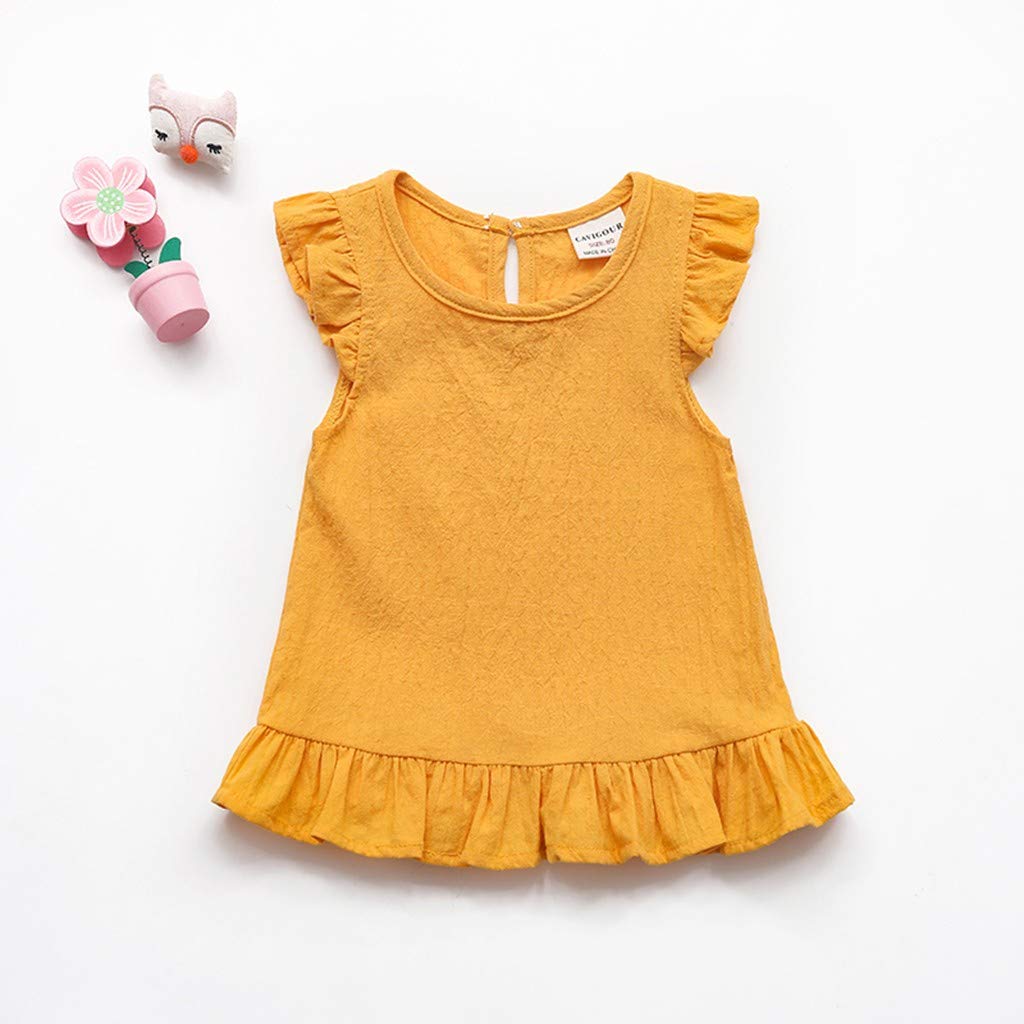 RNTOP Toddler Baby Girls Tank Tops Sleeveless Ruffle T-Shirt Solid Color Casual Blouse Summer (Yellow, 6-12 Months)