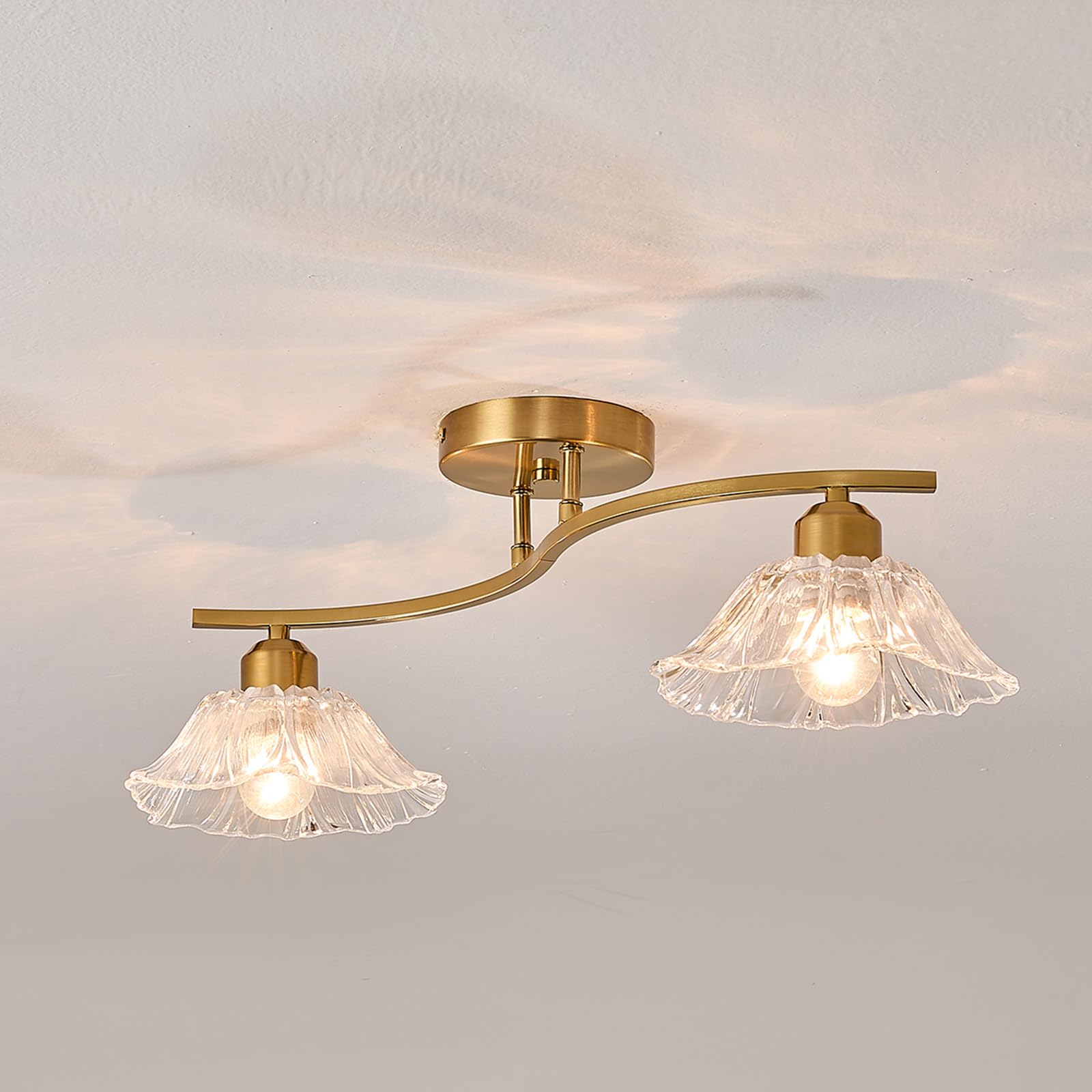 ALYRTESPL Glass Ceiling Light, Flower Shade Lighting Fixture for Hallway, Kitchen, Dining Room, Bedroom (2 Lights Golden)