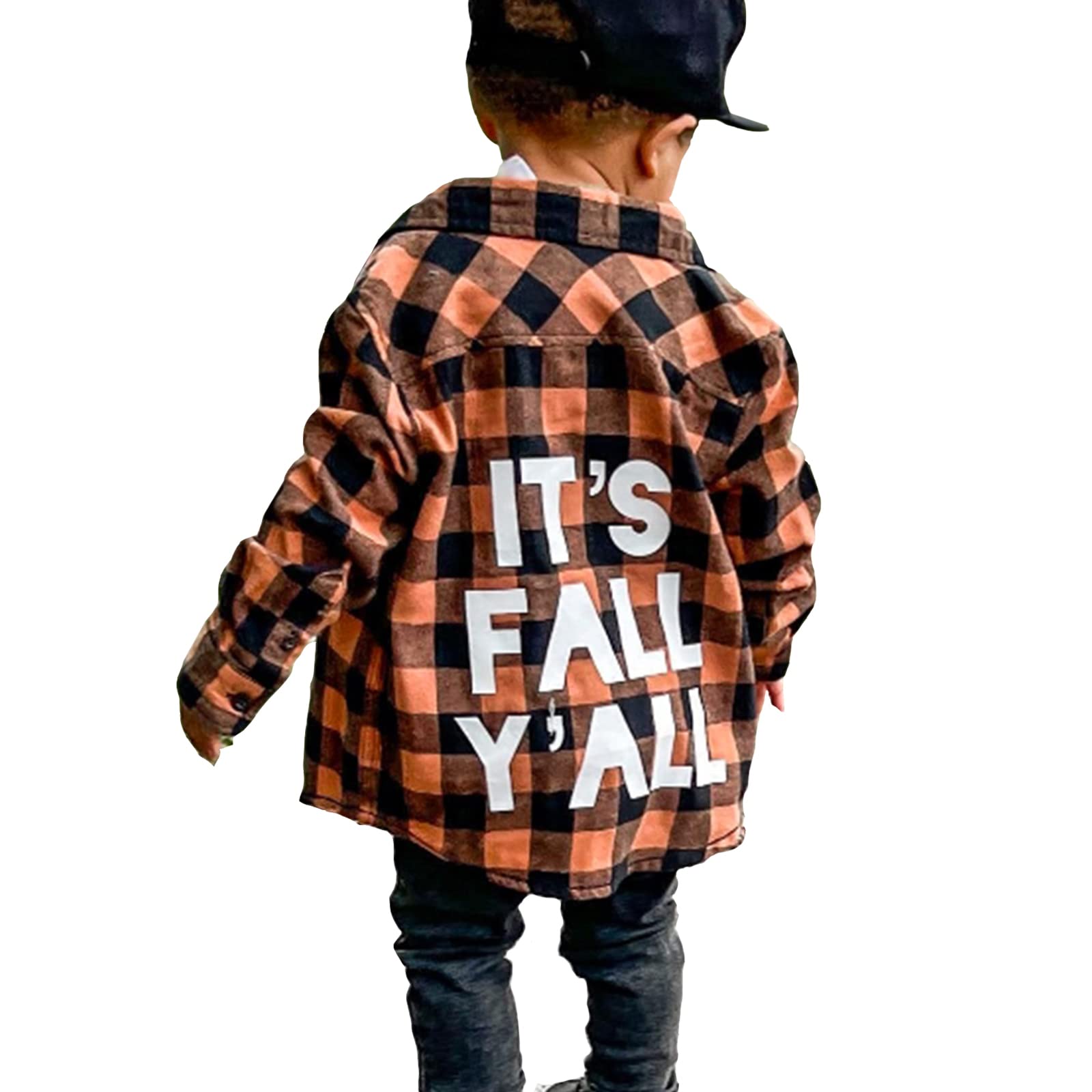 Ayalinggo Toddler Denim Jacket Kids Baby Girl Boy Letter Jean Hoodies Coat Button Down Shirt Hooded Fall Winter Clothes (Plaid Shirt Orange Fall Yall,1-2T)