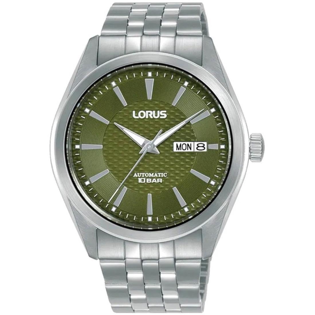 Lorus Men's Analogue Automatic Watch with Stainless Steel Strap, Silver/Black, Silver/Green, Standard Size, Classic
