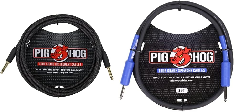 Pig Hog PC-H10BK 1/4" Black Woven Guitar Instrument Cable, 10 Feet & PHSC3 High Performance 14 Gauge 9.2mm 1/4" Speaker Cable, 3 Feet
