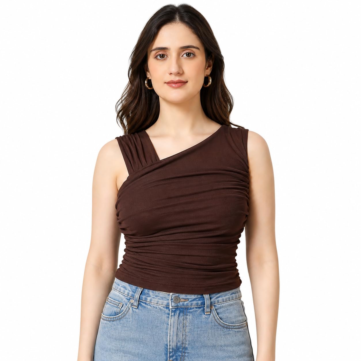 muse & mode Women’s Brown Ruched Crop Top | Sleeveless Stretch Fitted Tank | Trendy Gen Z Aesthetic Top for Casual, Streetwear, Party & Summer Outfit-picture-58