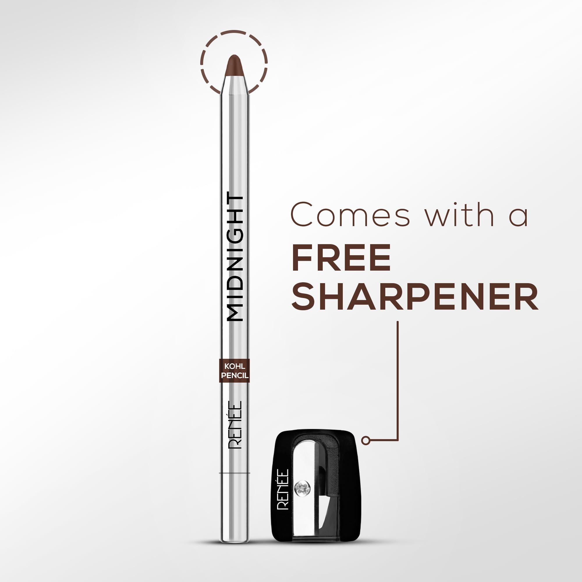 RENEE Midnight Kohl Pencil- Brown | Waterproof, Smudge-proof Kajal With Sharpener | Matte Finish, Long-lasting Upto 24 Hours | One-swipe Application With Vitamin E | 1.5 g