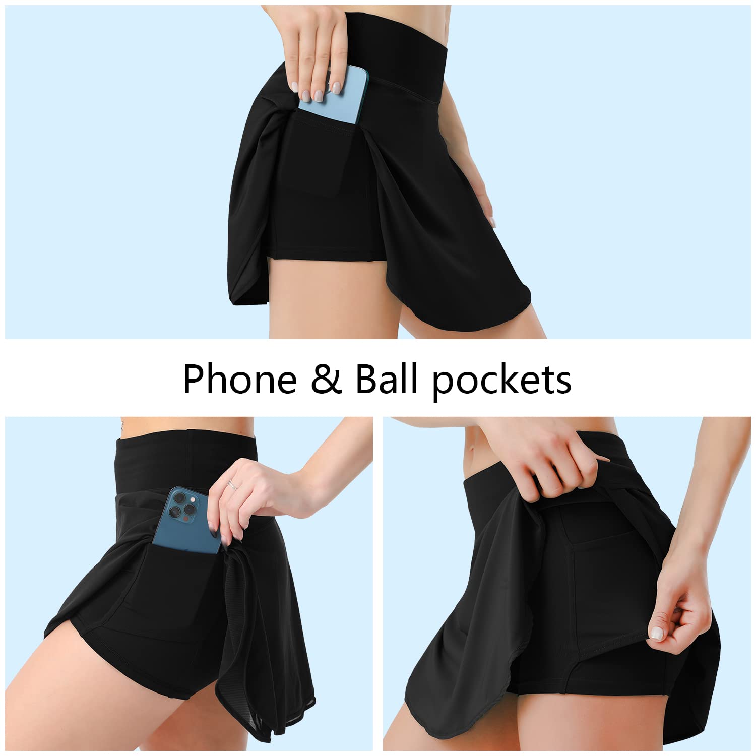 Falda de tenis de malla de cintura alta para mujer, con bolsillos, falda corta, pickleball, atletismo, golf, fluida, Negro, XX-Small