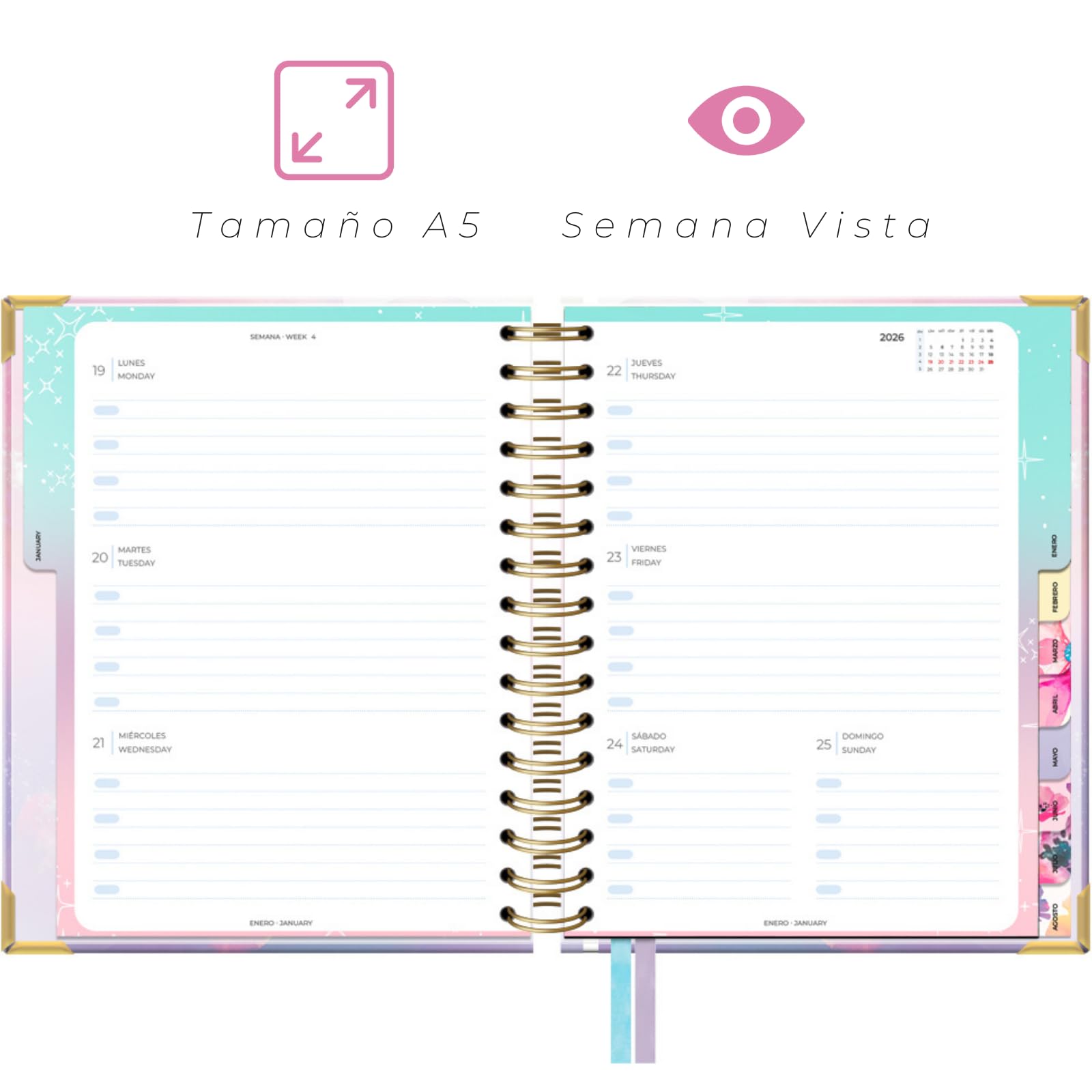 Takenote Academic Diary 2025 2026 - A5 Size (16.5x20.5 cm), Week to View, Academic Format September to August, Double Wire-O Binding, Bilingual: Spanish & English - Stella - Image 2