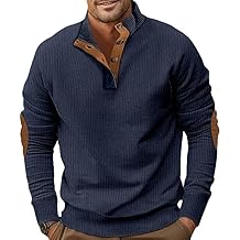 Mens Corduroy Stand Collar Sweatshirt Quarter Button Cotton Knit Casual Fall Retro Long Sleeve Pullover Sweatshirts