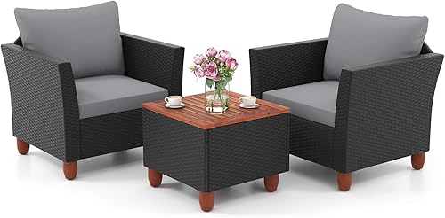 ORALNER Juego de muebles de patio de 3 piezas, sillas de conversación de mimbre para exteriores con cojín, mesa de centro de acacia, juego de bistró