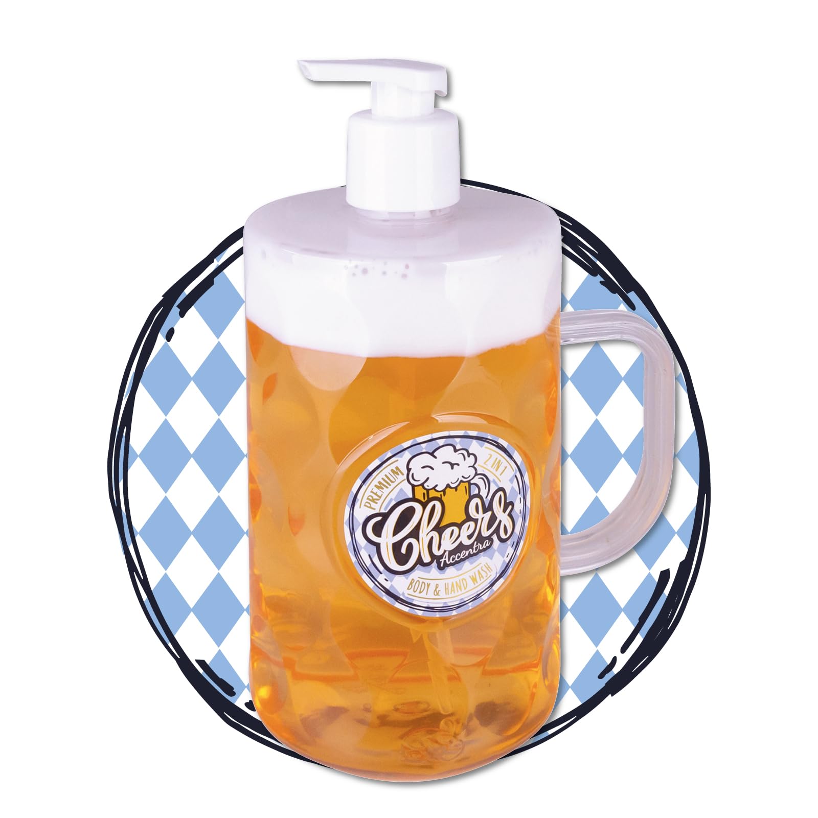 Accentra Dispenser 2in1 Sapone Liquido Mani & Gel Doccia a Forma di Boccale di Birra, Look Birra, 720 ml con Dosatore Schiuma, Profumo Betulla & Cedro, Idea Regalo per Uomini e Amanti della Birra