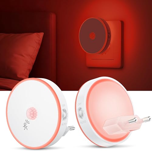Luz Nocturna Infantil Rojo 2 pcs, Luz LED Nocturna con Sensor de Movimiento | Luz Noche Enchufable Brillo Ajustables, 3 Modos (AUTO/ON/OFF) Luz Noche para Niños/Escaleras/Dormitorio- Luz Roja