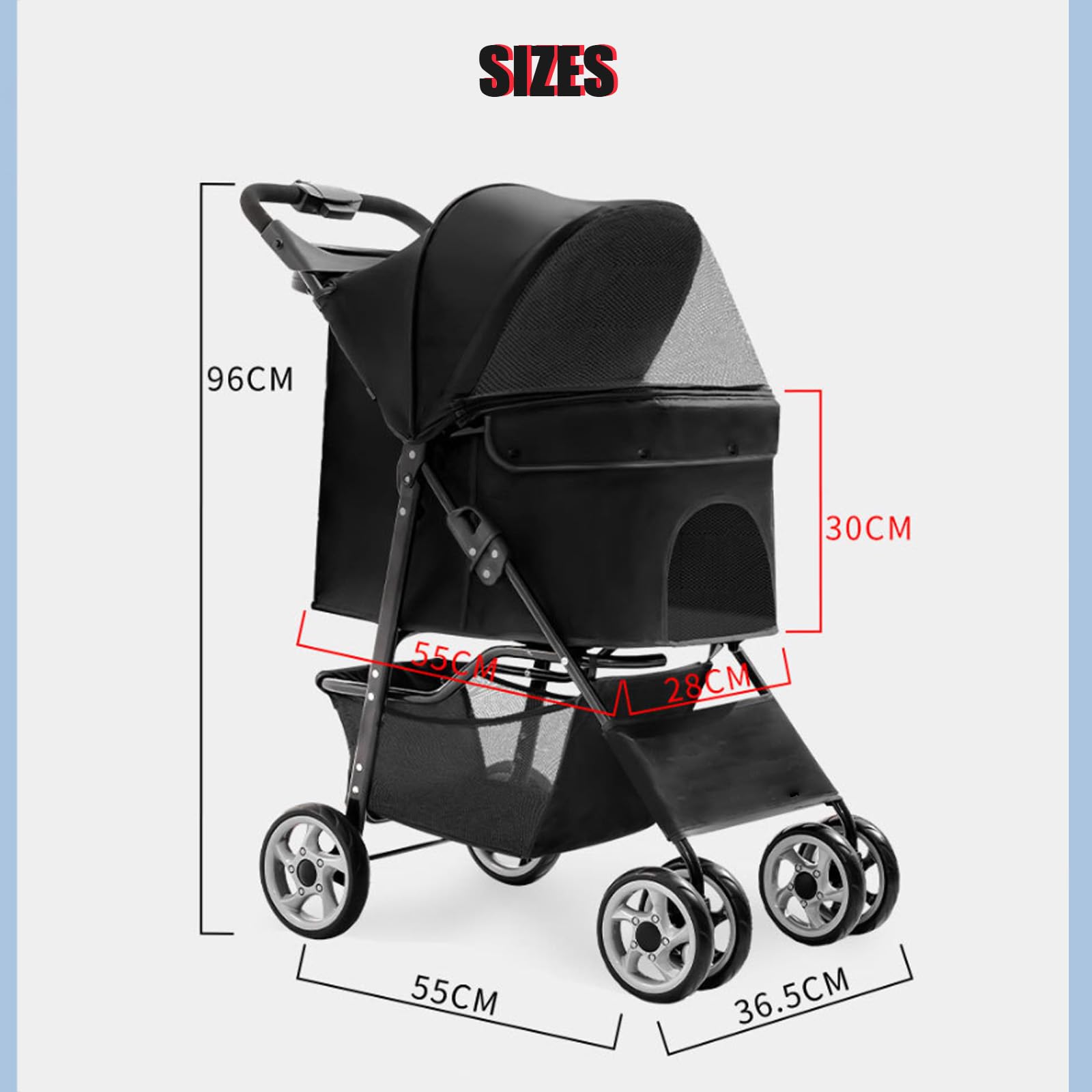 Lekki wózek spacerowy dla psa, Składany wózek spacerowy Wózek spacerowy dla psa z 4 kołami Obrotowe o 360 stopni przednie koła, hamulce tylnych kół,Black