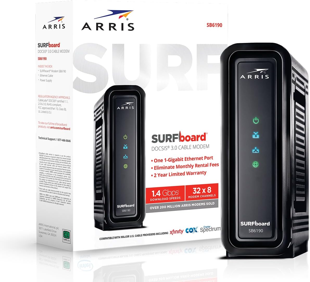 ARRIS (SB6190) - Cable Modem - DOCSIS 3.0 32x8 Gigabit Modem, [Check with your provider for compatibility]1 Gbps Port, 800 Mbps Max Speed, 2 Year Warranty - Black