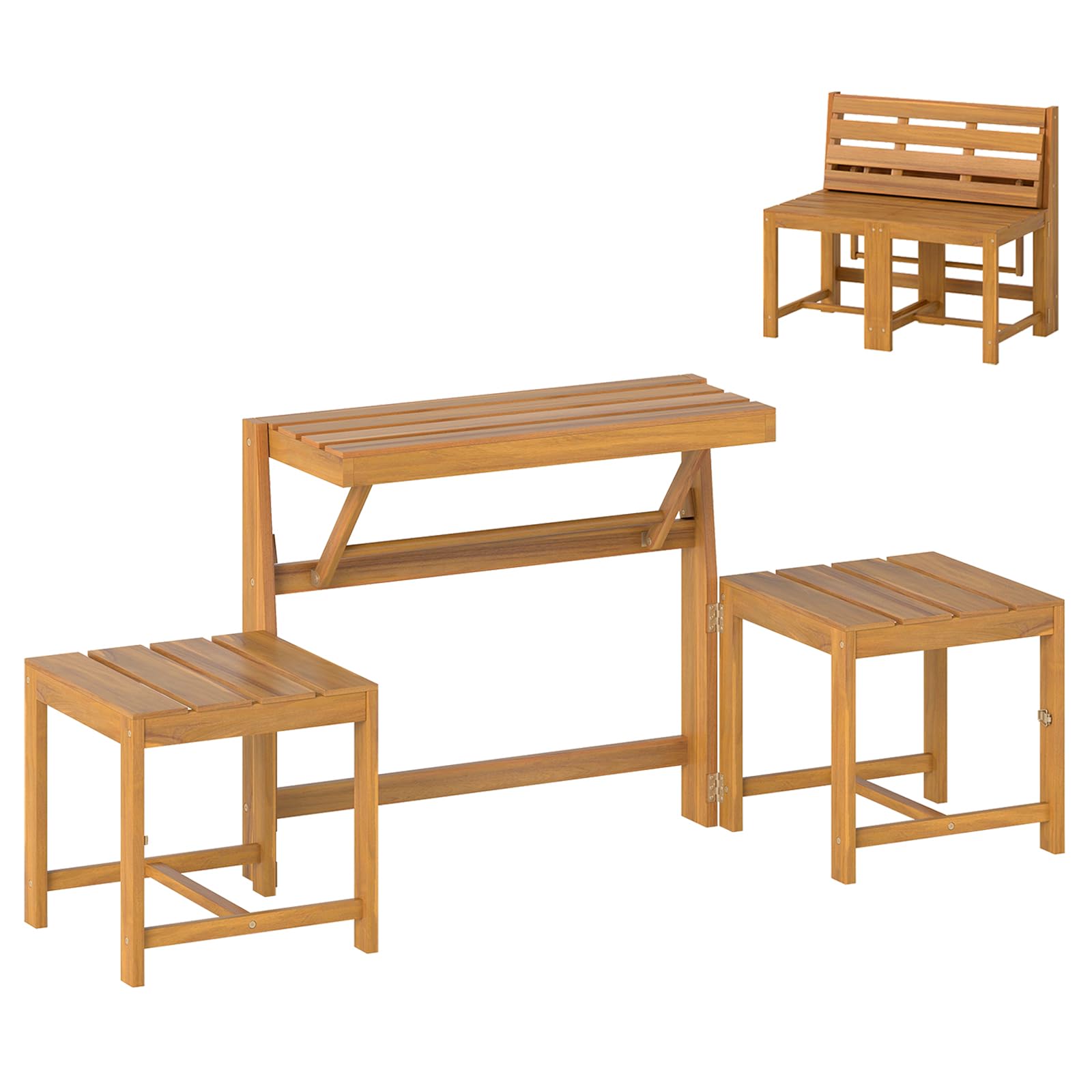 GOPLUS Banco Convertible 3 en 1 de Exterior, Banco de Madera de Acacia de 2 Plazas, Juego de Mesa y Sillas de Jardín, Asiento de Listones, Soporte de Plantas Multifuncional para Patio Terraza Porche
