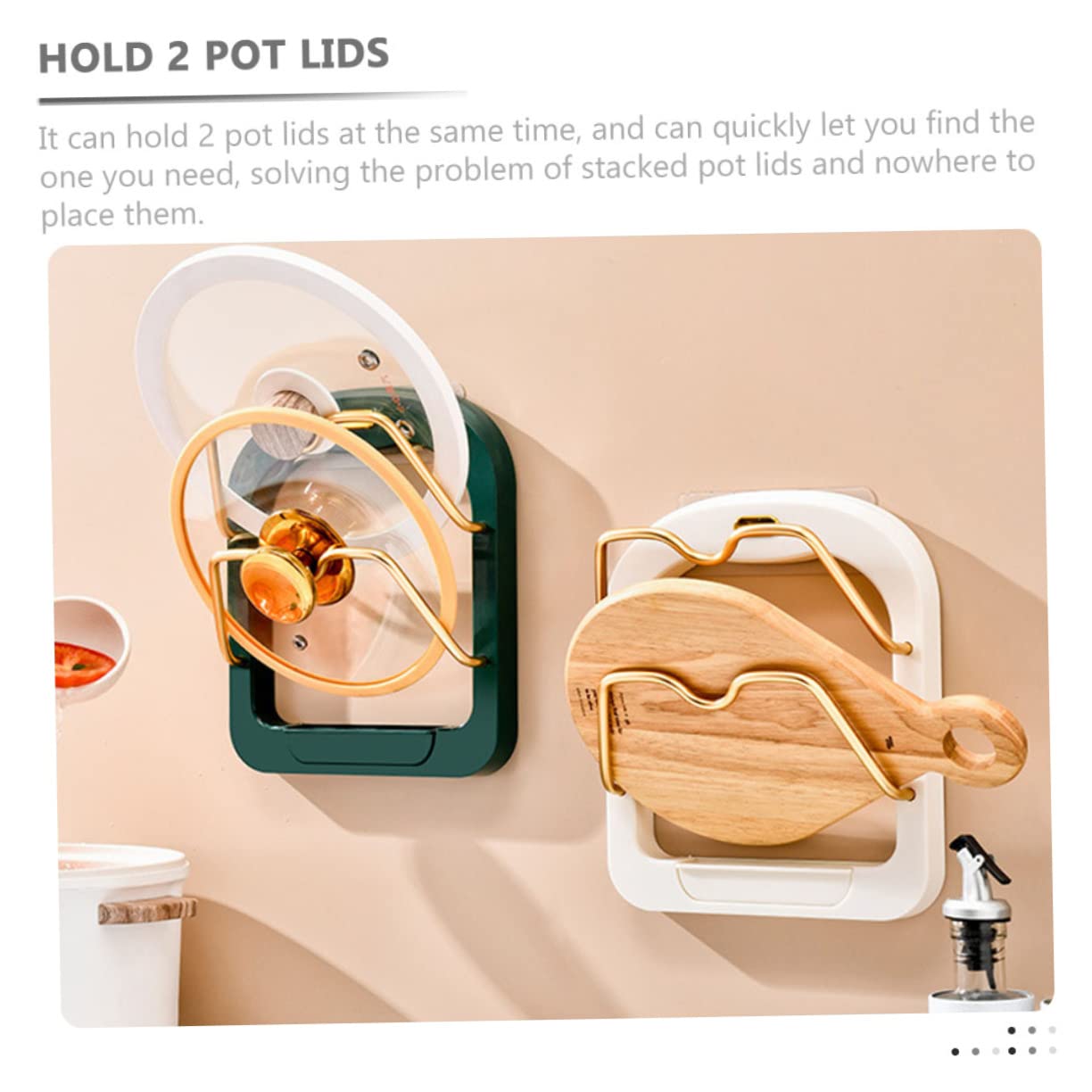 Cabilock 2Pcs Wall Mounted Pot Lid Organizer No Punching Required Double Kitchen Storage Rack for Lids and Chopping Boards Modern Design Platinum