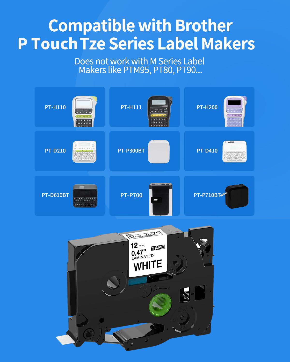 5PK Tze-231 PTH110 D210 Label Maker Tape 12mm Compatible with Brother P Touch Label Tape 12mm Tze231, Compatible for Brother P-Touch PT-D200 D220 D400AD H110 H200BP D600 1230, Tze Tz 12 mm 0.47 White - 3