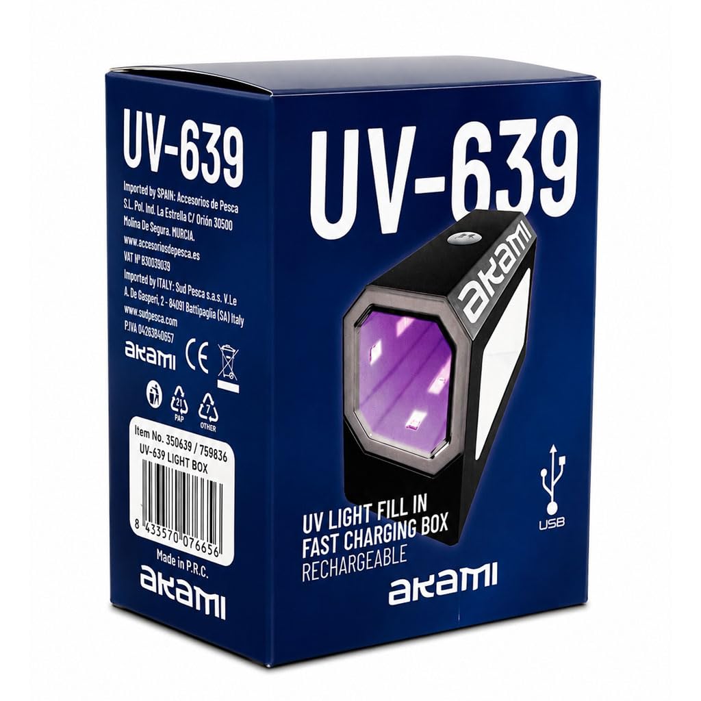 AKAMI UV-639 Box UV per Ricarica Totanare Glow e Accessori Luminosi | Lampada UV 395nm Ricaricabile Perfetta per la Pesca Eging per Calamari e Seppie | MASSIMA LUMINOSITÀ PER LE TUE TOTANARE GLOW