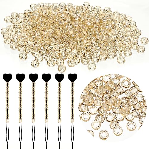 Hinly 600 Pcs Glitter Hair Beads Gold Color 6 x 9 mm Plastic Pony Beads for Braids Girls Jewelry Making Kit DIY Including 6 Pcs Quick Beader for Kid Hair Braids