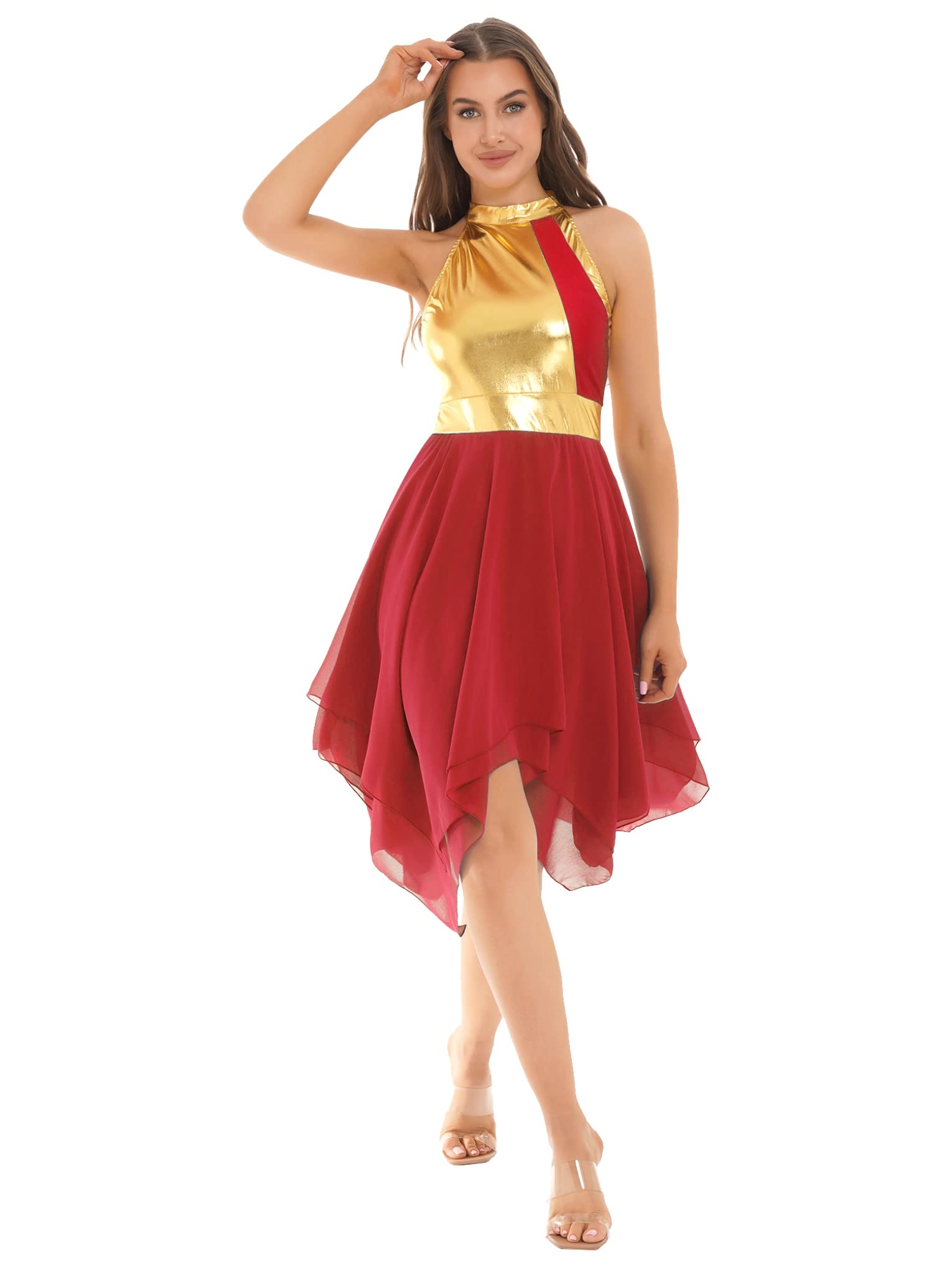 JanJean Women's Asymmetrical Praise Dance Dress Shiny Color Block Sleeveless Lyircal Dance Dress Tunic Red XX-Large