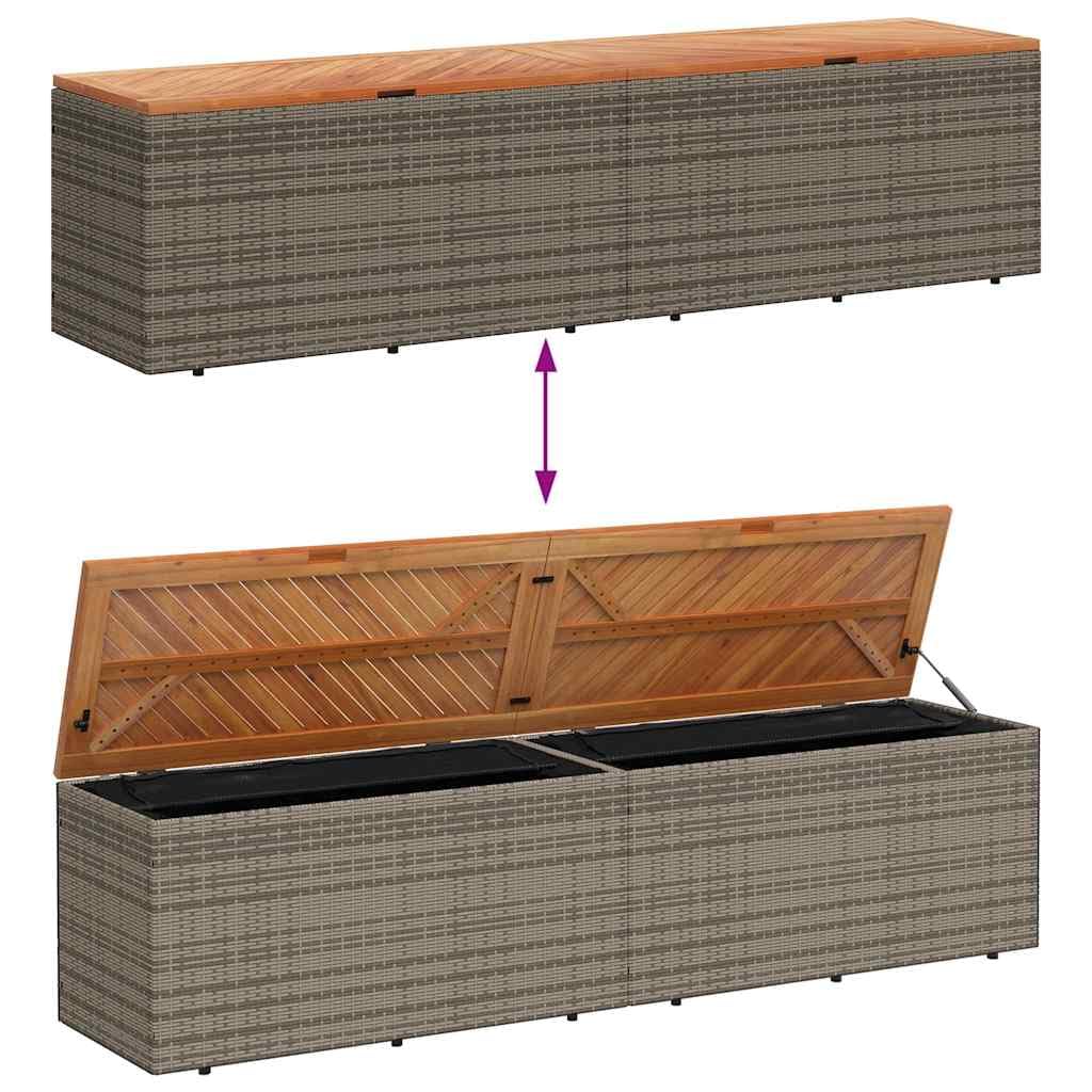 Coffre de jardin gris 220 x 50 x 54 cm en polyrotin avec plateau de table en bois d'acacia, boîte de rangement résistante aux intempéries avec fonction assise et espace de rangement pour balcon