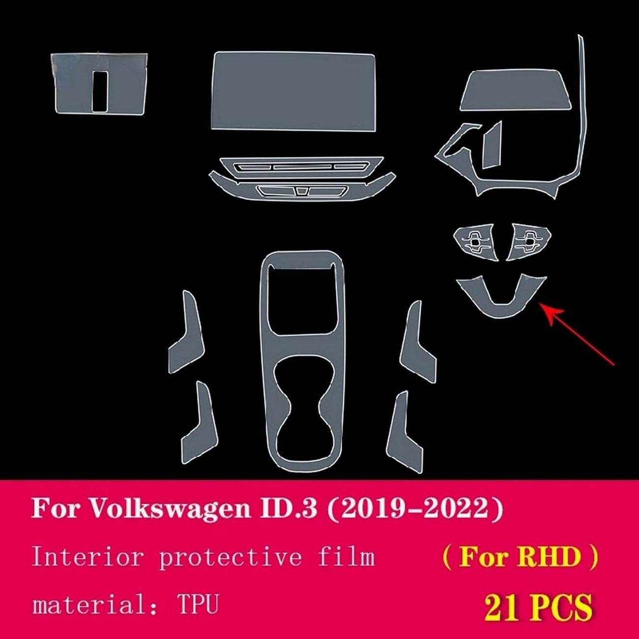 Folia ochronna TPU do wnętrza samochodu, do VW ID.3 (2019-2022) (, do LHD pełny zestaw/przezroczysty)