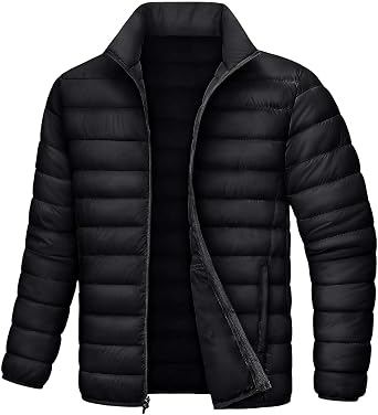 Men's Black Lightweight Puffer Jacket, Stand Collar ZipFront Quilted Coat, Warm Packable Down Alternative Outerwear for Autumn Winter Casual & Outdoor Wear