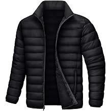 Men's Black Lightweight Puffer Jacket, Stand Collar ZipFront Quilted Coat, Warm Packable Down Alternative Outerwear for Autumn Winter Casual & Outdoor Wear
