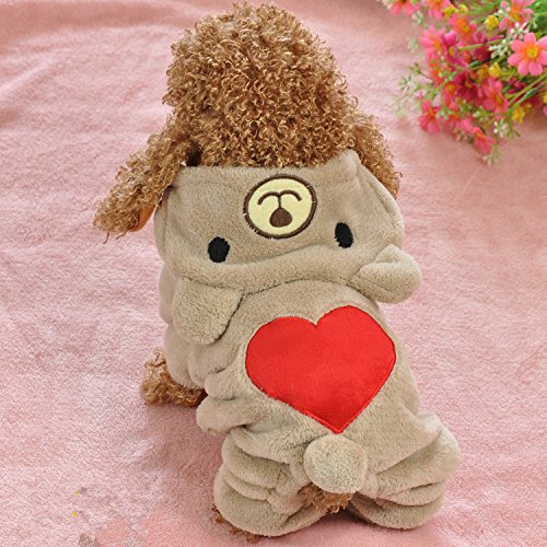犬服 あったかフリースくまさん ロンパース ペット用品 DOG服 LOVE かわいい キャラクター チワワ・ヨーキー・プードル・シュナウザー・柴犬・フレブル 【小型犬用〜中型犬用】【犬 服】【つなぎ・カバーオール】【犬用防寒着】 ブラウン (M)