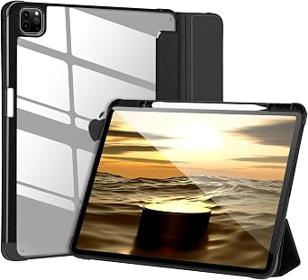 Case Compatible with iPad Air 13 2024 M4,Case for iPad 12.9 6th/5th/4th/3rd Gen 2022/2021/2020/2018,Shockproof Hard Shell Clear Cover for iPad Pro 12.9 with Pencil Holder Auto Wake/Sleep,Black