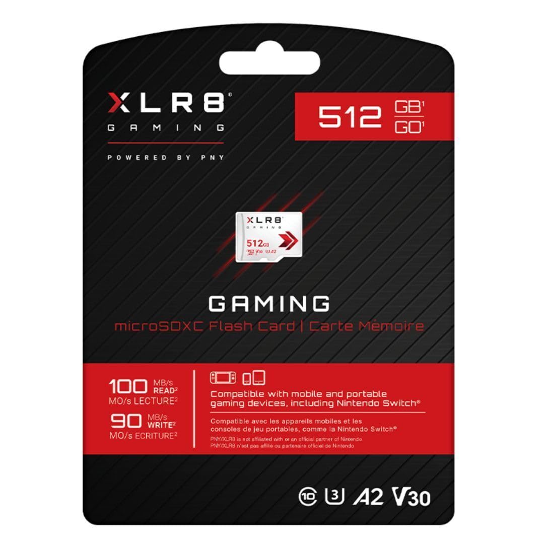 PNY Scheda di memoria microSDXC da 512 GB XLR8 da gaming, 100 MB/s, UHS-I, 4K UHD, Full HD, U3, V30, A2, micro SD per console portatile gaming su Nintendo Switch, Steam Deck, smartphone e tablet