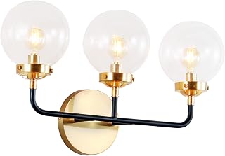 JONATHAN Y Caleb 3-Light Globe Vanity Wall Sconce, 22", Black/Brass Gold | Clear Glass Shades, Dimmable, Contemporary Transitional Design, Metal Construction, Hardwired, UL Listed, LED Bulbs Included