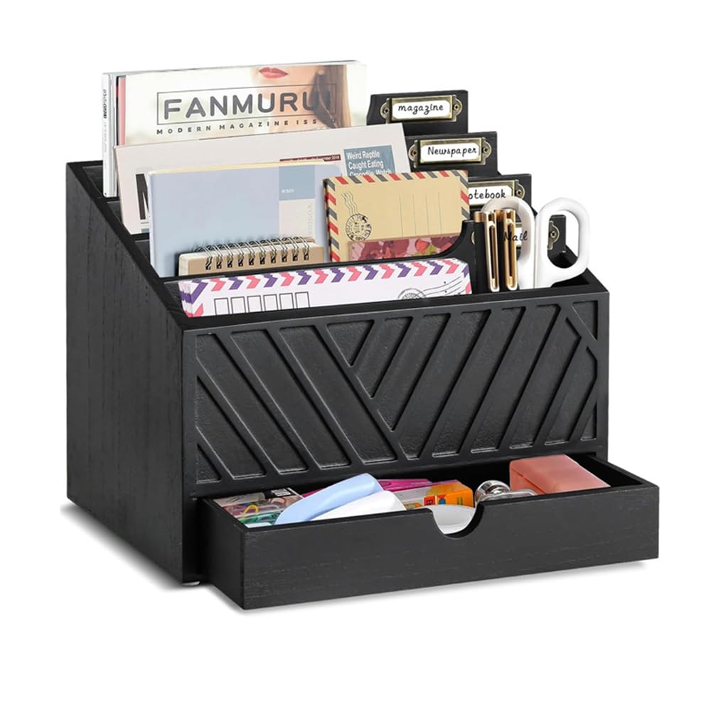 Niciksty Wooden Desktop Organizer Mail Sorter Organiser with Drawer, Wood Mail Organizer Storage Box Home Office Desk Tidy Storage Holder File Rack for Magazine Paper Document Storage, Black
