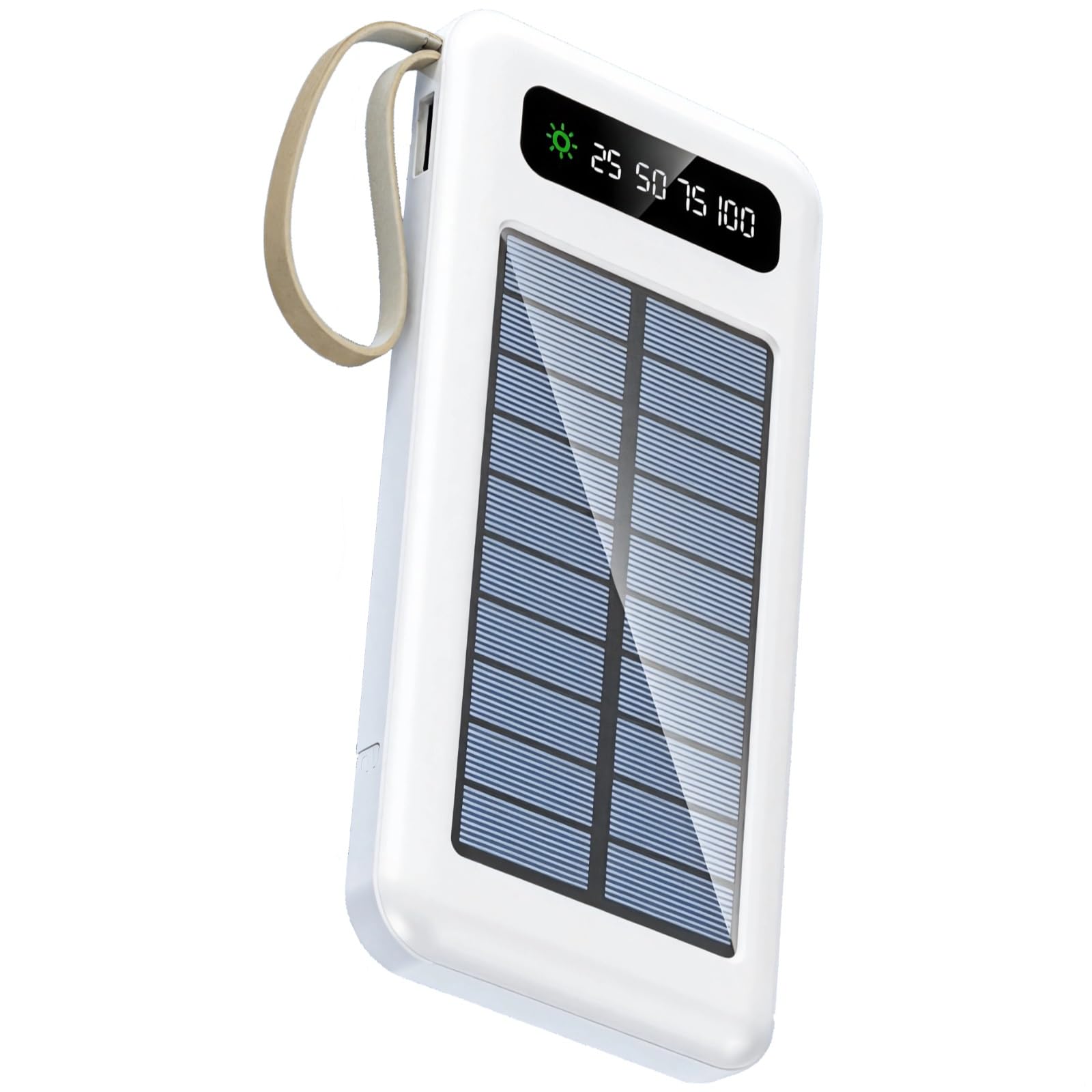 Caricatore solare da esterno da 20000 mAh, power bank di grande capacità con indicatore LED, torcia, cavi integrati, porte bianche per dispositivi multipli, certificato Fcc CE