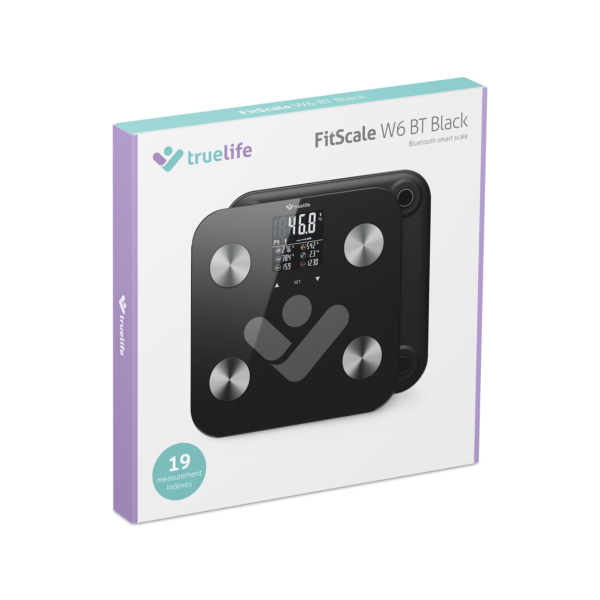 TrueLife FitScale W6 BT Bilancia diagnostica personale Bluetooth, misurazione con analisi dell'impedenza bioelettrica, 19 indici del corpo misurabili, display LCD colorato, fino a 8 utenti, app mobile
