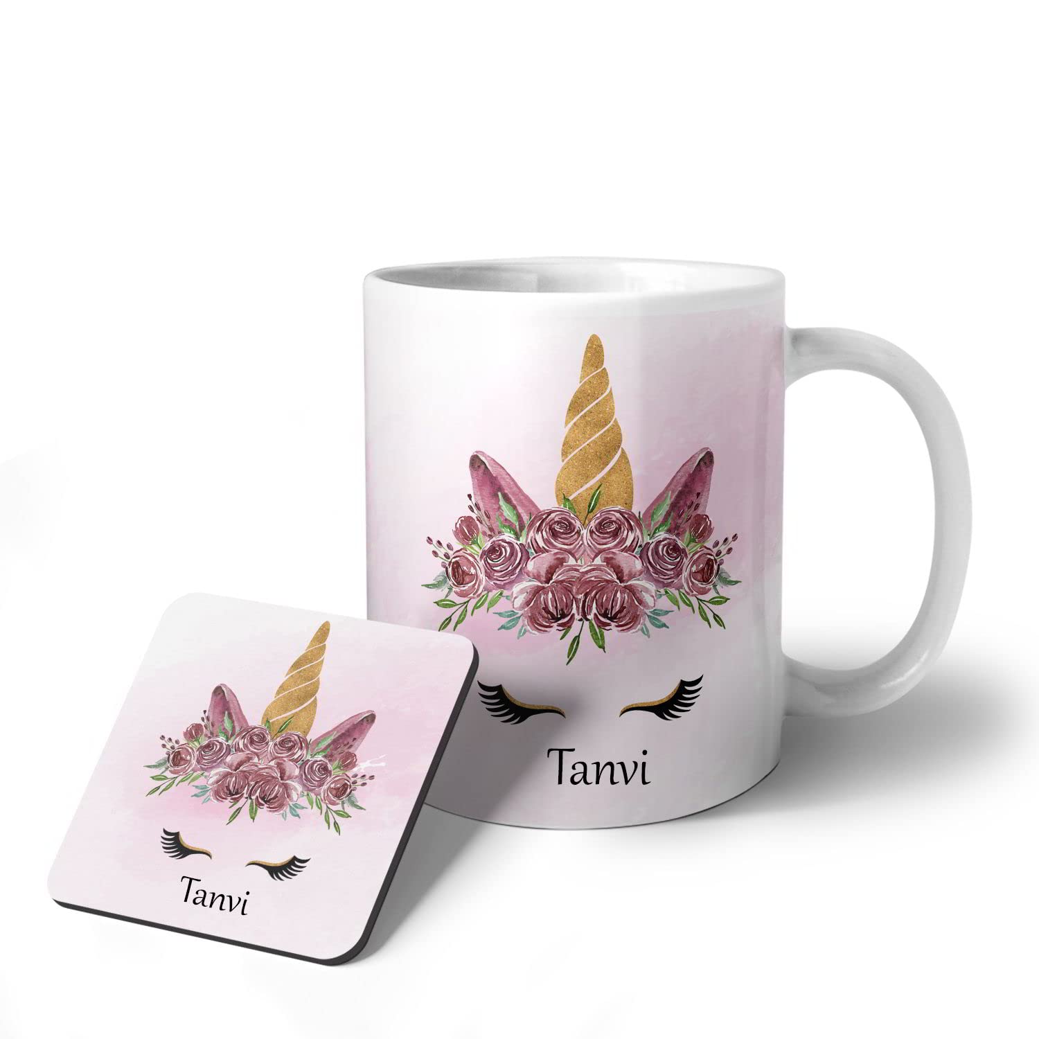 ASHVAH Unicorn Tanvi Name Ceramic Coffee Mug and Coaster Combo Gift (Pack of 2) for Daughter, Sister, Wife, Name -Tanvi