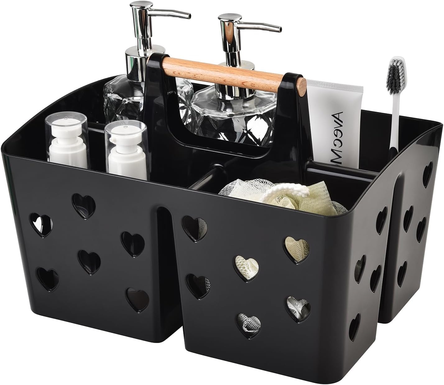 ALINK Portable Shower Caddy Plastic Shower Basket Organizer Divided Bathroom Caddy Storage Cleanning Caddy Tote with Handle for College, Dorm Room, Kitchen, Love Heart (BLACK)