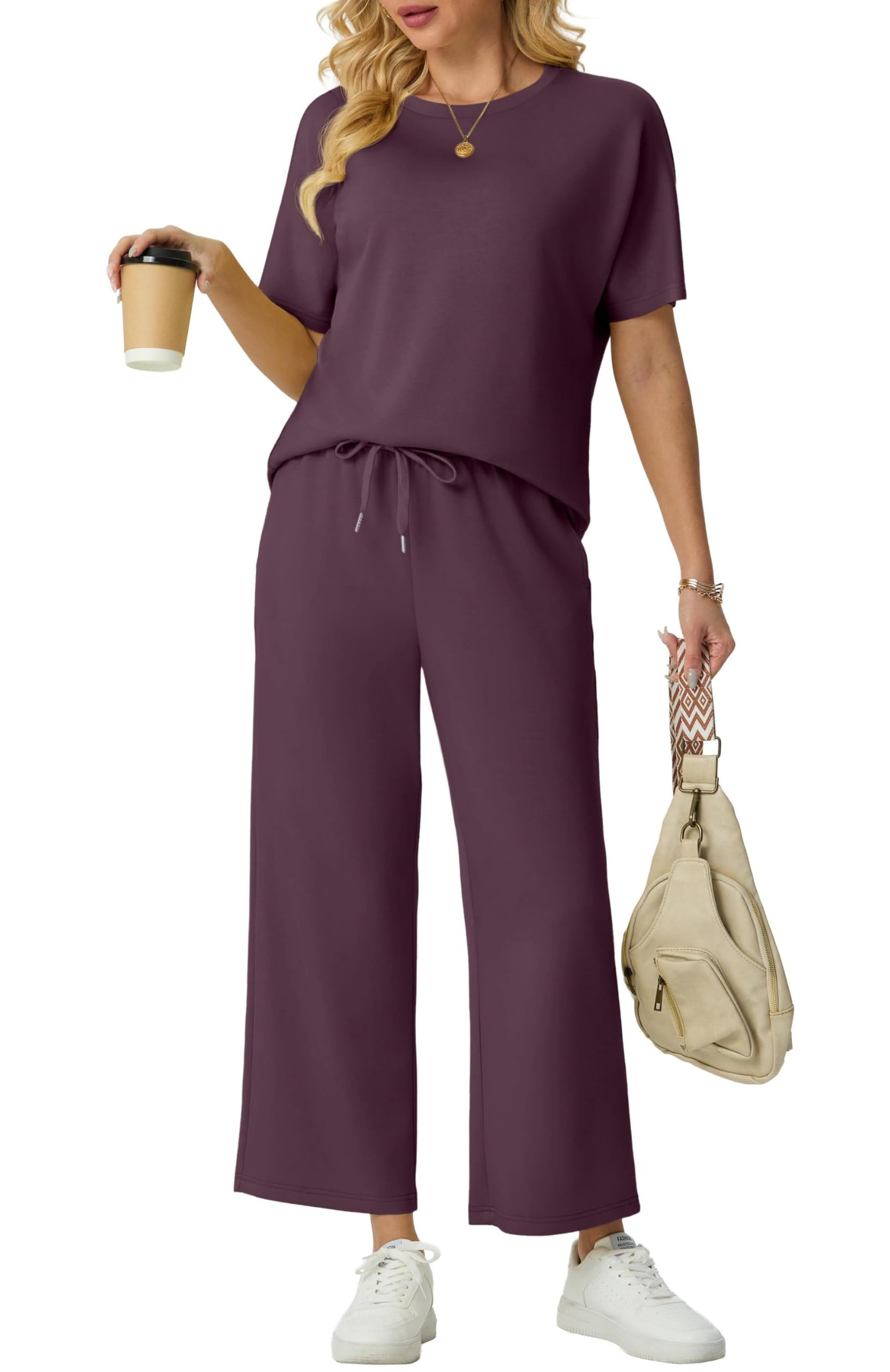 GRECERELLE Jogginganzug Zweiteiler Damen Sommer Trainingsanzug Outfits Tracksuit Kurzarm Lässige Rundhals Tshirts und weite Jogginghosen Trainingsanzüge mit Taschen - 3