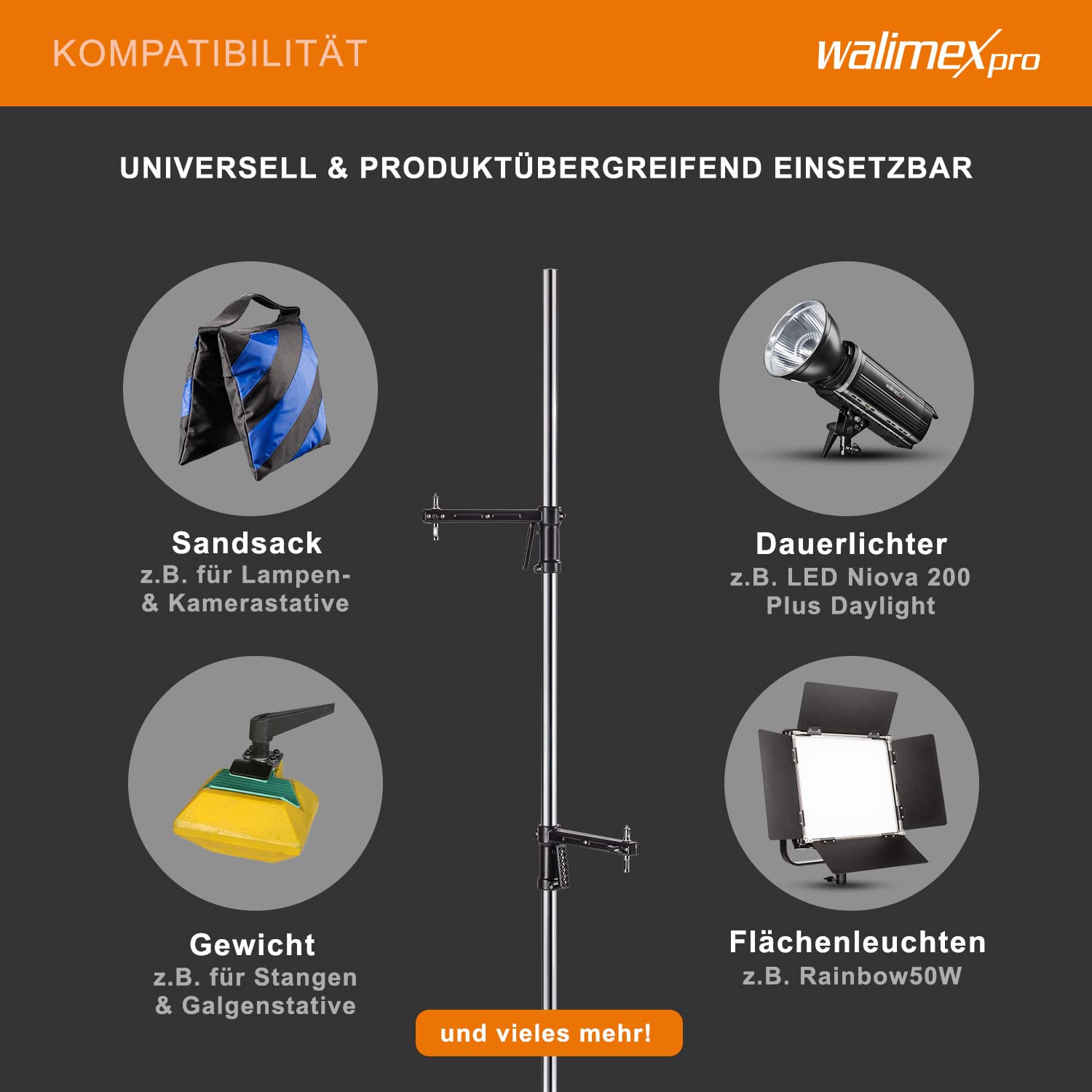 Walimex pro Rollstativ 223 cm, Blitzstativ belastbar bis 12 kg, Studiostativ mit zwei verschiebbaren Klemmhaltern, Lampenstativ mit stabilen Rollen ideal zur Befestigung von Studio-Equipment