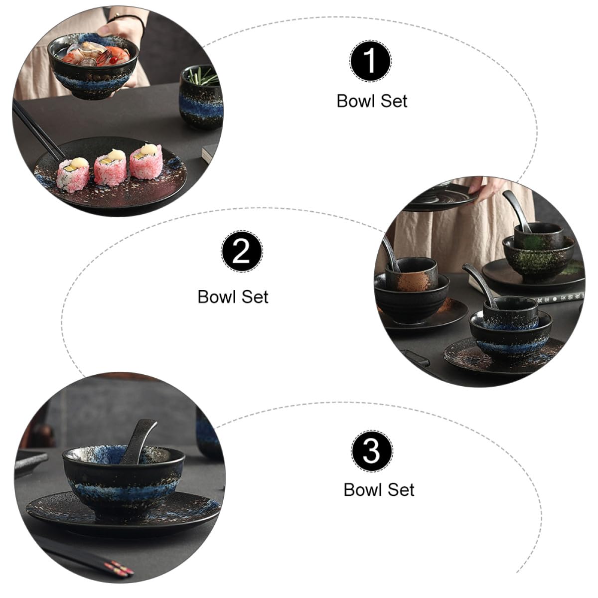 NUOBESTY Ensemble Vaisselle Céramique 4 Pièces pour Restaurant de Sushis – Bols, Cuillère et Plat – Service Table Japonerie, Lavable Lave-vaisselle, Usage Hôtel et Fondue
