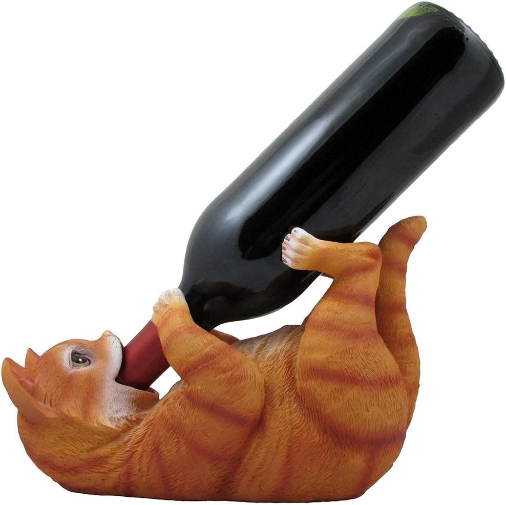 Decorative Tabby Kitty Cat Wine Bottle Holder Sculpture for Whimsical Tabletop Wine Racks and Stands or Animal Statues & Kitten Figurines As Birthday Gifts for Cat Lovers by Home-n-Gifts