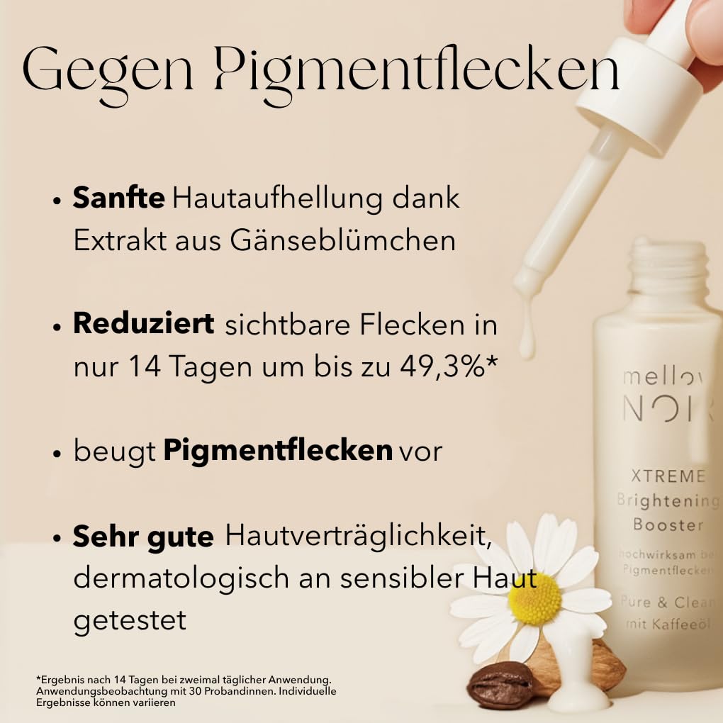 mellow NOIR XTREME Brightening Booster 30ml - Anti Pigmentflecken Serum - Reduziert dunkle Flecken, Altersflecken & Pickelmale im Gesicht und auf der Haut - Vegan - Zertifizierte Naturkosmetik