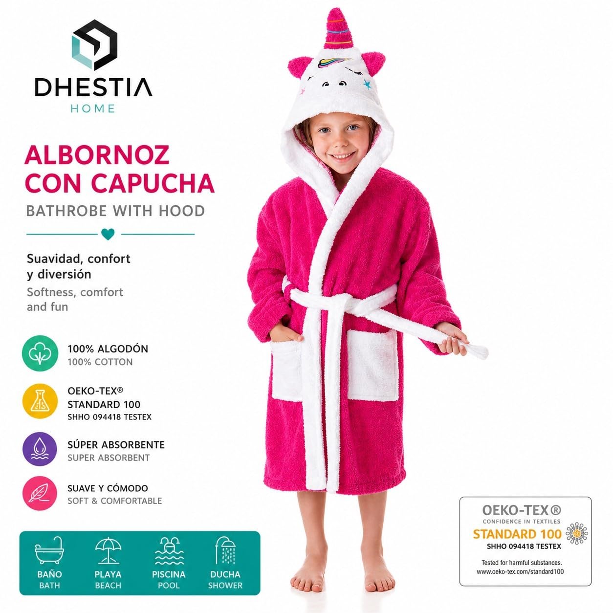DHESTIA HOME Albornoz Infantil Niñas - Algodón Natural - Baño y Ducha - Capucha y Bolsillos - OekoTex Standar