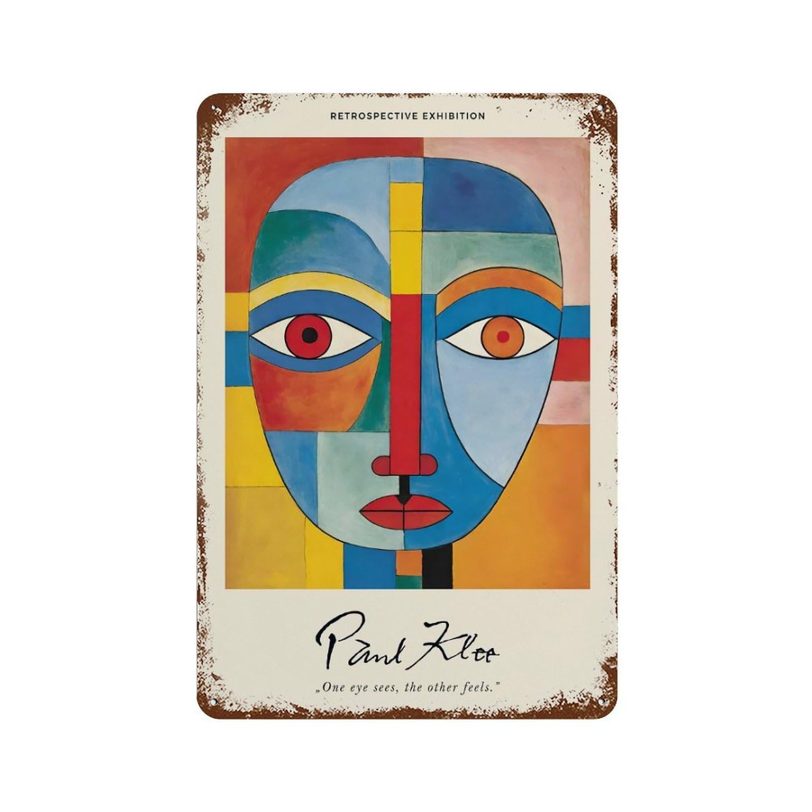 Garage Style Paul Klee Colorful Face Distressed Metal Wall Sign 11.8"x7.9", Shabby Chic Decor for Bar And Workshop