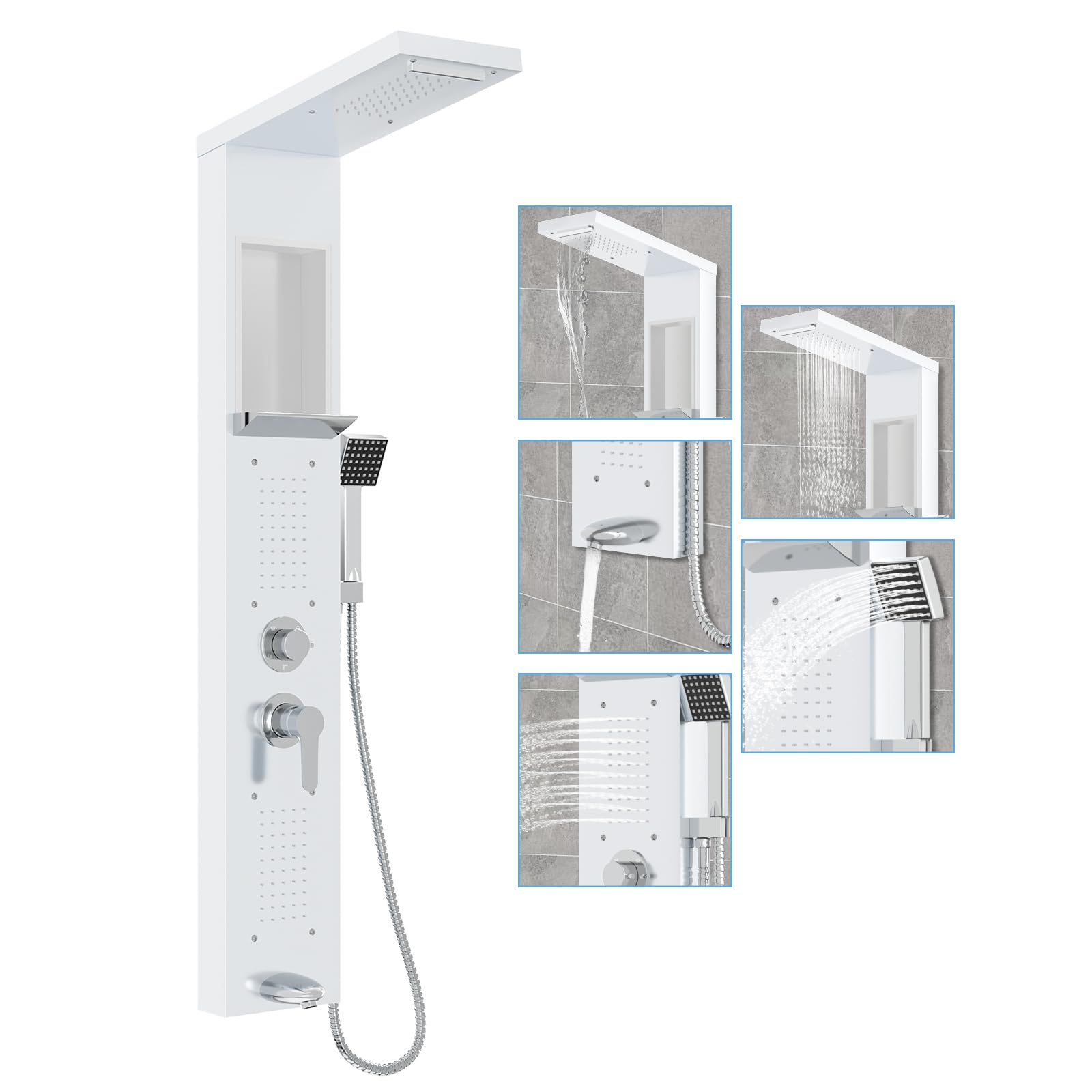 UISEBRT Panel de ducha de acero inoxidable, sistema de ducha de 5 funciones, juego completo con ducha de lluvia, cascada, ducha de mano, 2 chorros de masaje, entrada de bañera (blanco)