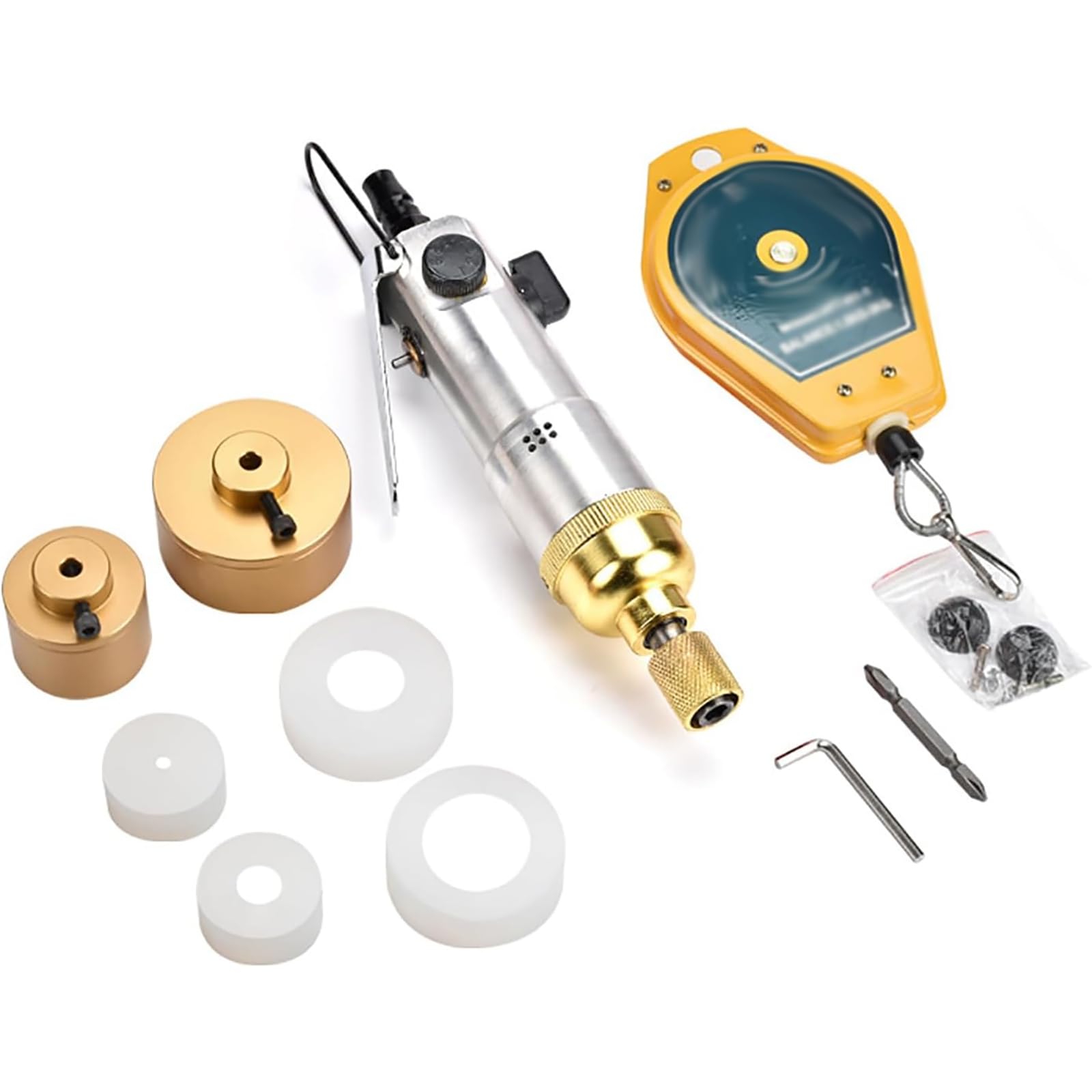 XNZJHPP Handheld Pneumatic Capping Machine, 10-50mm Bottle Screw Cap Tightener, 3-Speed Adjustable, Includes 4 Silicone Rings, Low Air Consumption: 2L/min, 1/4in Air Inlet